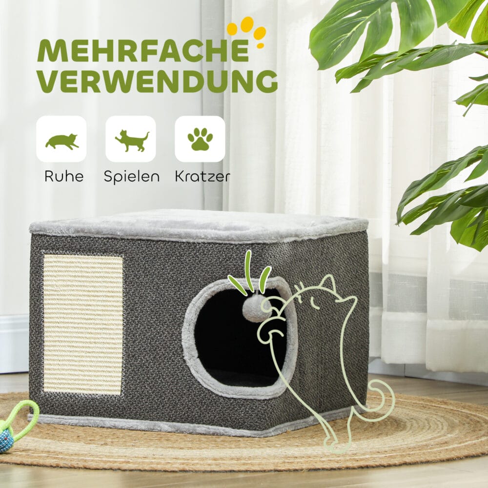 Dunkelgrau-cremeweisse Kratztonne aus Sisal, 35cm hoch, für Katzen bis 6kg, ein kompakter und effektiver Kratzplatz.