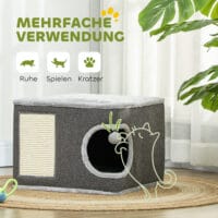 Dunkelgrau-cremeweisse Kratztonne aus Sisal, 35cm hoch, für Katzen bis 6kg, ein kompakter und effektiver Kratzplatz.