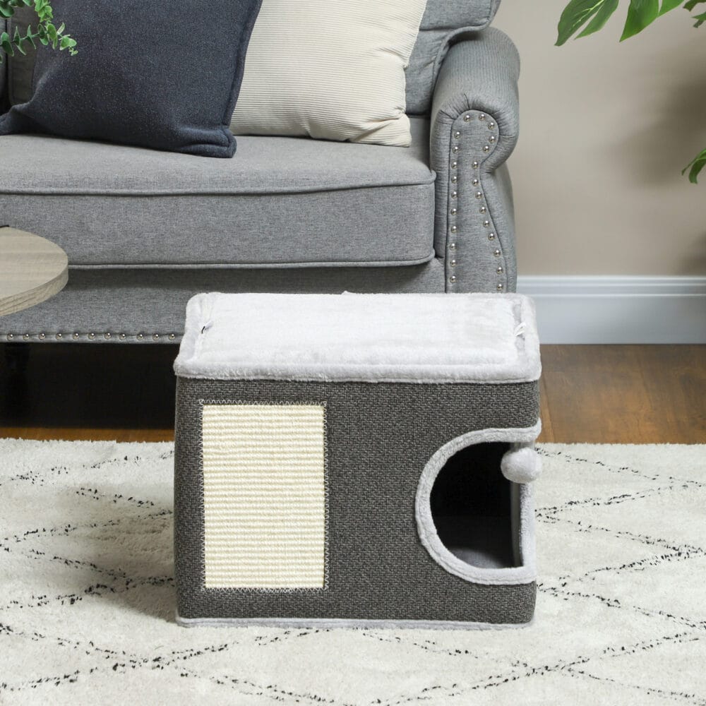 Dunkelgrau-cremeweisse Kratztonne aus Sisal, 35cm hoch, für Katzen bis 6kg, ein kompakter und effektiver Kratzplatz.