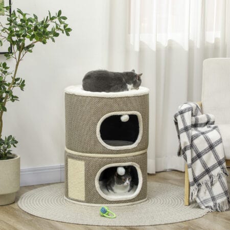 Kaffeebraun-cremeweisse Kratztonne aus Sisal, 69cm hoch, für Katzen bis 6kg, eine attraktive und funktionale Kratzmöglichkeit.