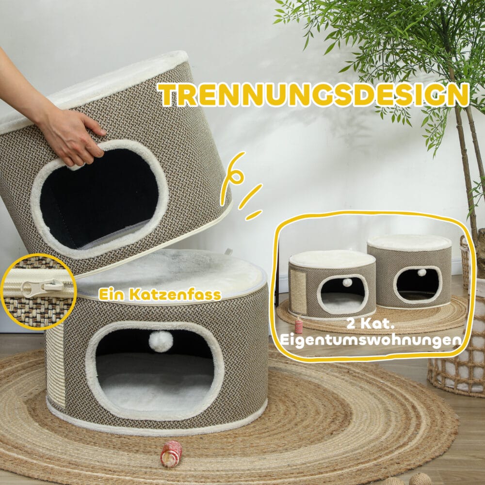 Kaffeebraun-cremeweisse Kratztonne aus Sisal, 69cm hoch, für Katzen bis 6kg, eine attraktive und funktionale Kratzmöglichkeit.