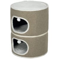Kaffeebraun-cremeweisse Kratztonne aus Sisal, 69cm hoch, für Katzen bis 6kg, eine attraktive und funktionale Kratzmöglichkeit.