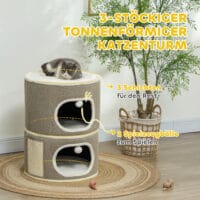 Kaffeebraun-cremeweisse Kratztonne aus Sisal, 69cm hoch, für Katzen bis 6kg, eine attraktive und funktionale Kratzmöglichkeit.