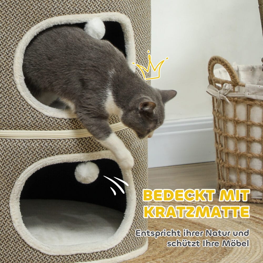 Kaffeebraun-cremeweisse Kratztonne aus Sisal, 69cm hoch, für Katzen bis 6kg, eine attraktive und funktionale Kratzmöglichkeit.