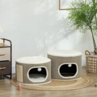 Kaffeebraun-cremeweisse Kratztonne aus Sisal, 69cm hoch, für Katzen bis 6kg, eine attraktive und funktionale Kratzmöglichkeit.