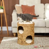 Hellbraune Kratztonne aus Wasserhyazinthe mit zwei Höhlen, 50cm hoch, belastbar bis 35kg, ideal für Katzen zum Kratzen und Verstecken.