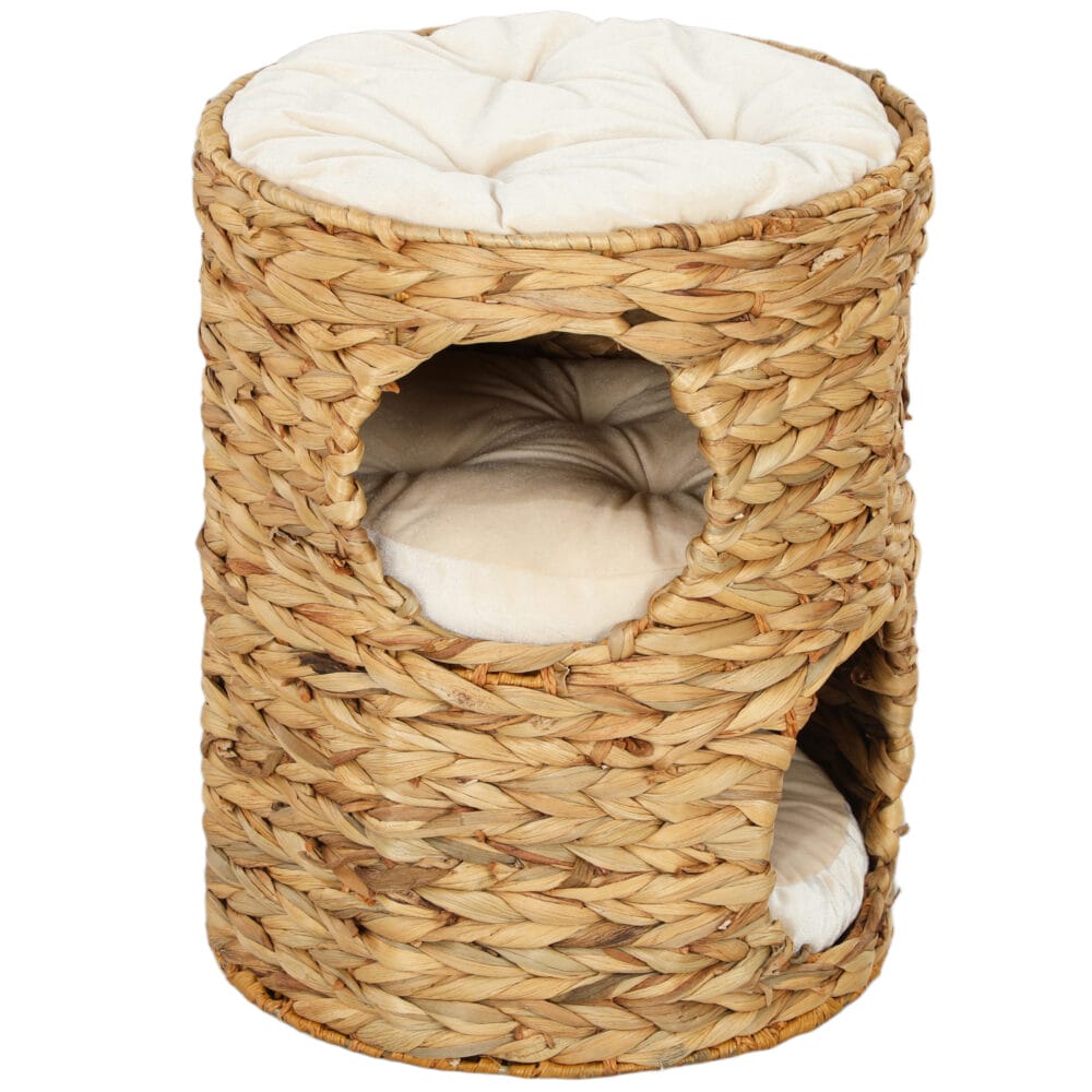 Hellbraune Kratztonne aus Wasserhyazinthe mit zwei Höhlen, 50cm hoch, belastbar bis 35kg, ideal für Katzen zum Kratzen und Verstecken.
