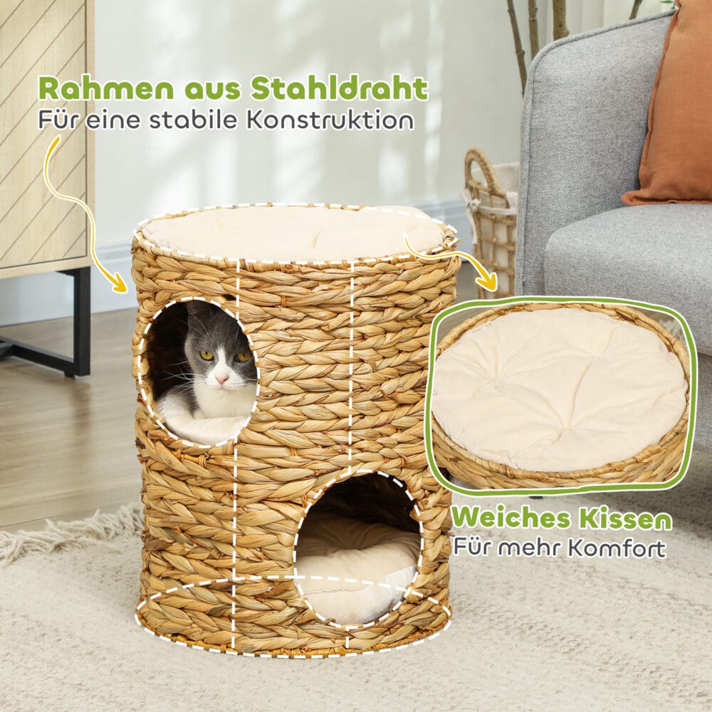 Hellbraune Kratztonne aus Wasserhyazinthe mit zwei Höhlen, 50cm hoch, belastbar bis 35kg, ideal für Katzen zum Kratzen und Verstecken.