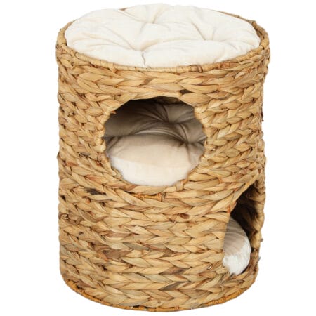 Hellbraune Kratztonne aus Wasserhyazinthe mit zwei Höhlen, 50cm hoch, belastbar bis 35kg, ideal für Katzen zum Kratzen und Verstecken.