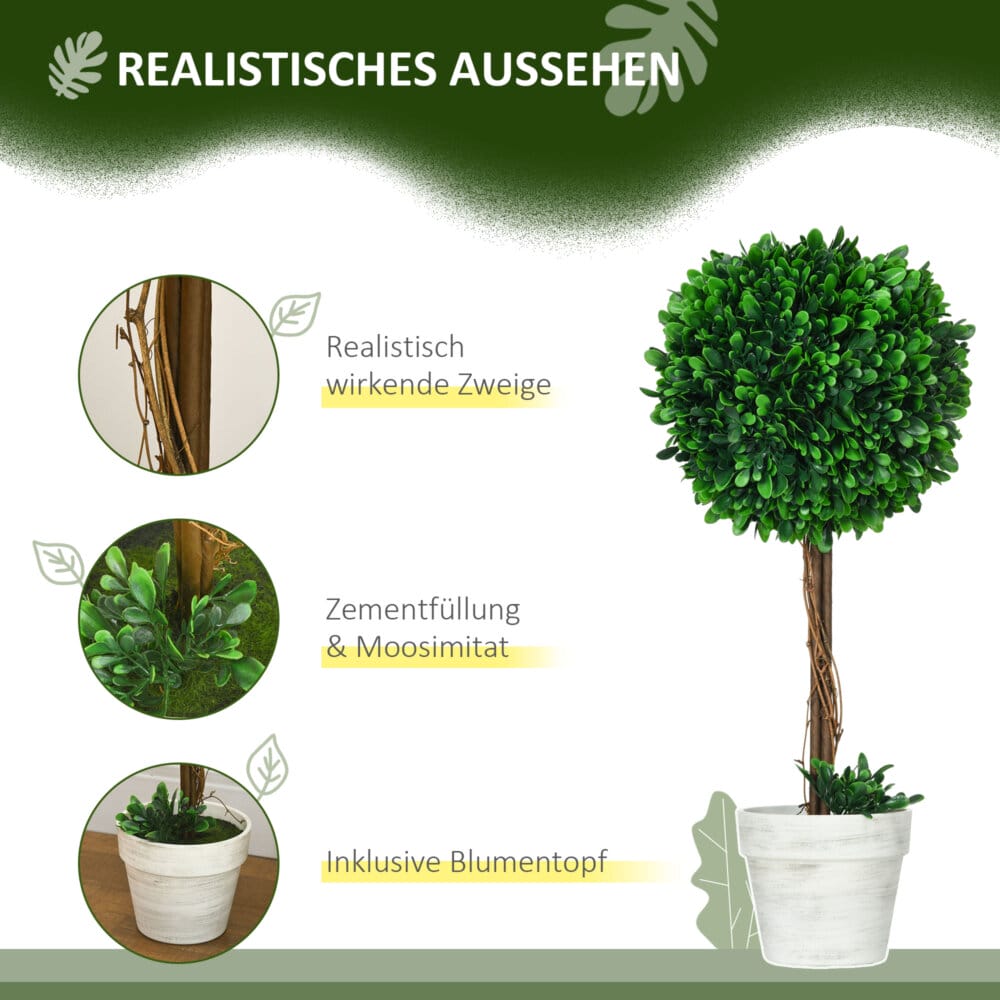 Ein 2er-Set künstlicher Buchsbäume in Grün, 60cm hoch und UV-beständig.