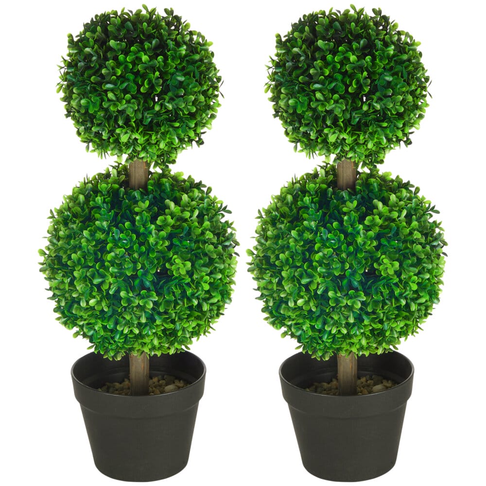 Eine grüne, künstliche Buchs-Doppelkugel-Pflanze, 60cm hoch und UV-beständig.