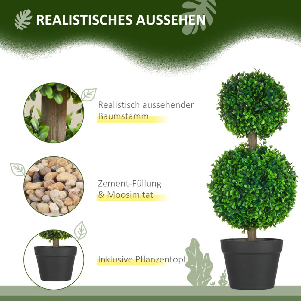 Eine grüne, künstliche Buchs-Doppelkugel-Pflanze, 60cm hoch und UV-beständig.