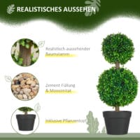 Eine grüne, künstliche Buchs-Doppelkugel-Pflanze, 60cm hoch und UV-beständig.