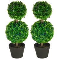 Eine grüne, künstliche Buchs-Doppelkugel-Pflanze, 60cm hoch und UV-beständig.