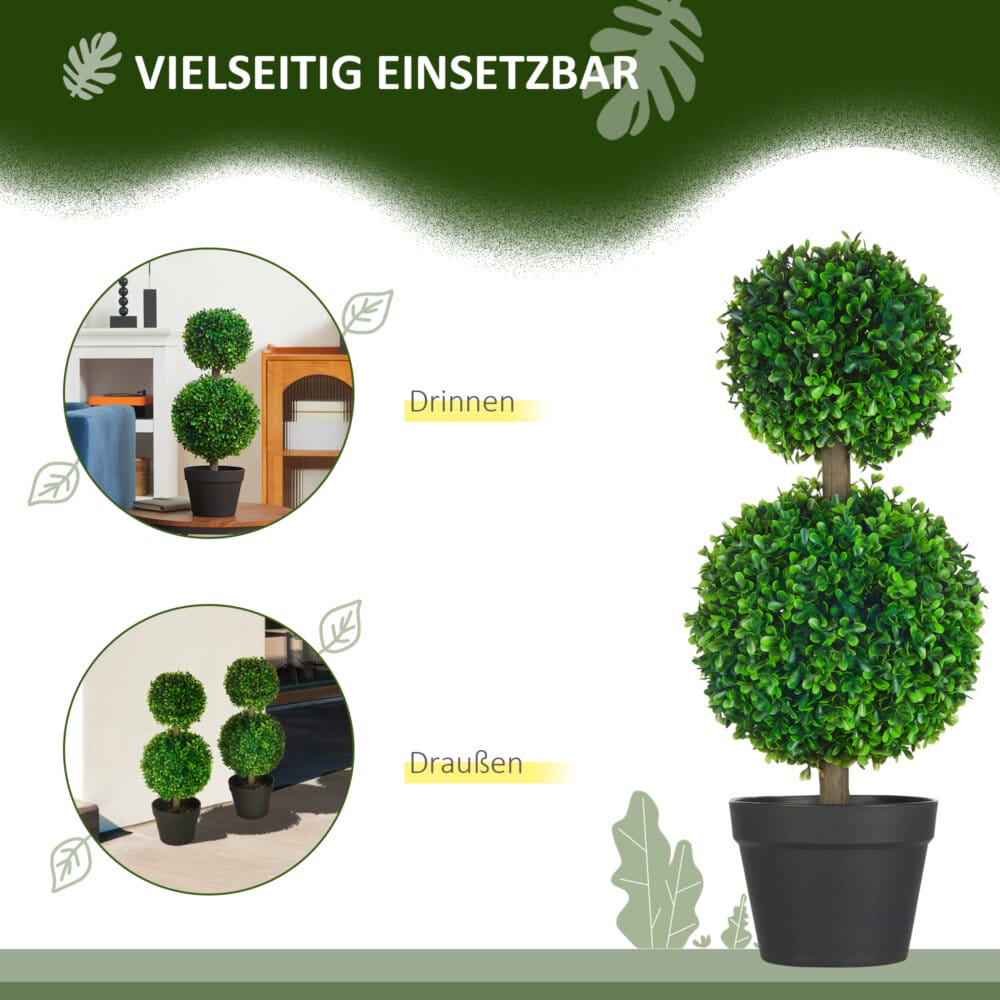 Eine grüne, künstliche Buchs-Doppelkugel-Pflanze, 60cm hoch und UV-beständig.