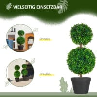 Eine grüne, künstliche Buchs-Doppelkugel-Pflanze, 60cm hoch und UV-beständig.