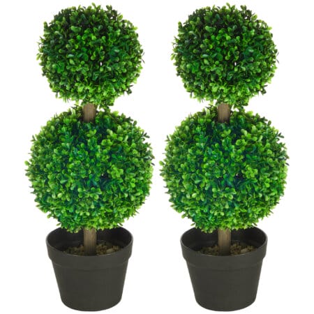 Eine grüne, künstliche Buchs-Doppelkugel-Pflanze, 60cm hoch und UV-beständig.