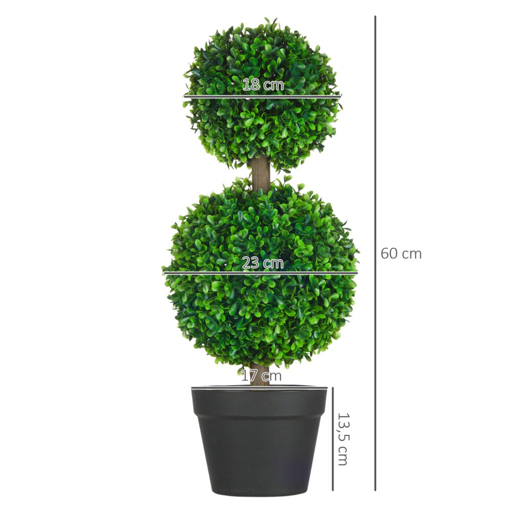 Eine grüne, künstliche Buchs-Doppelkugel-Pflanze, 60cm hoch und UV-beständig.