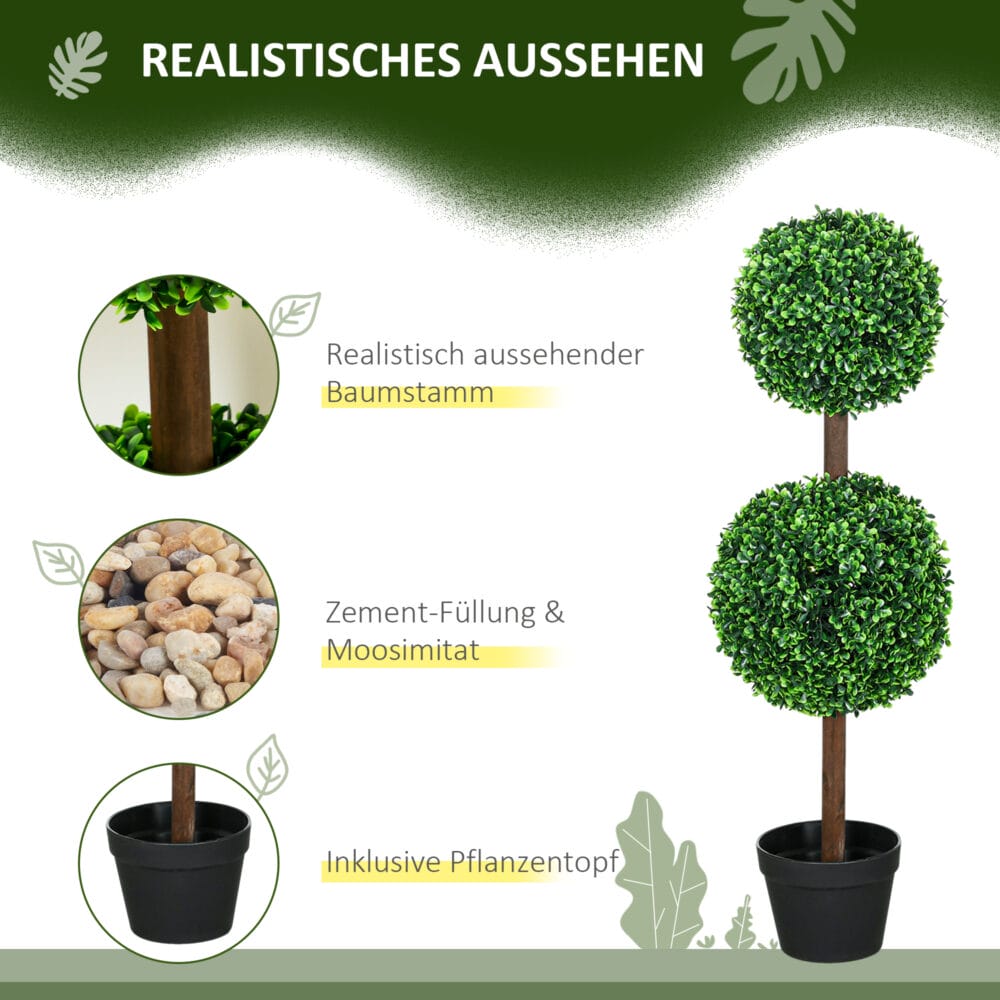 Künstlicher Buchsbaum im 2er-Set, 90 cm hoch, pflegeleicht und dekorativ.