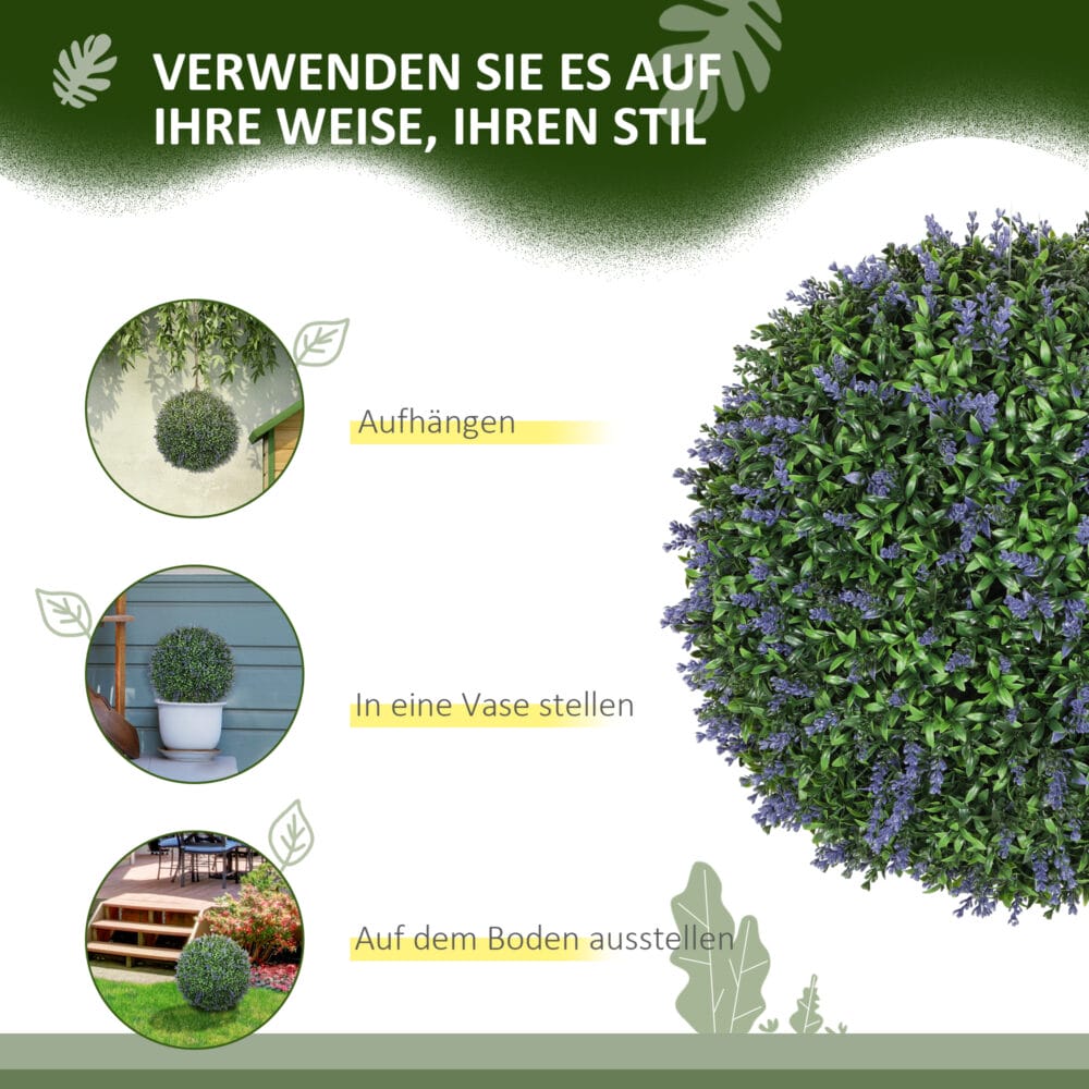 Künstlicher Lavendel im 2er-Set, 42 cm hoch, in Kugelform, Violett-Grün.