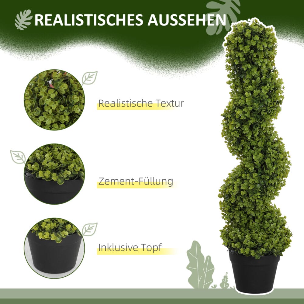 Künstlicher Spiral-Eukalyptus 90 cm hoch im 2er-Set in Grün, dekorativ und pflegeleicht.
