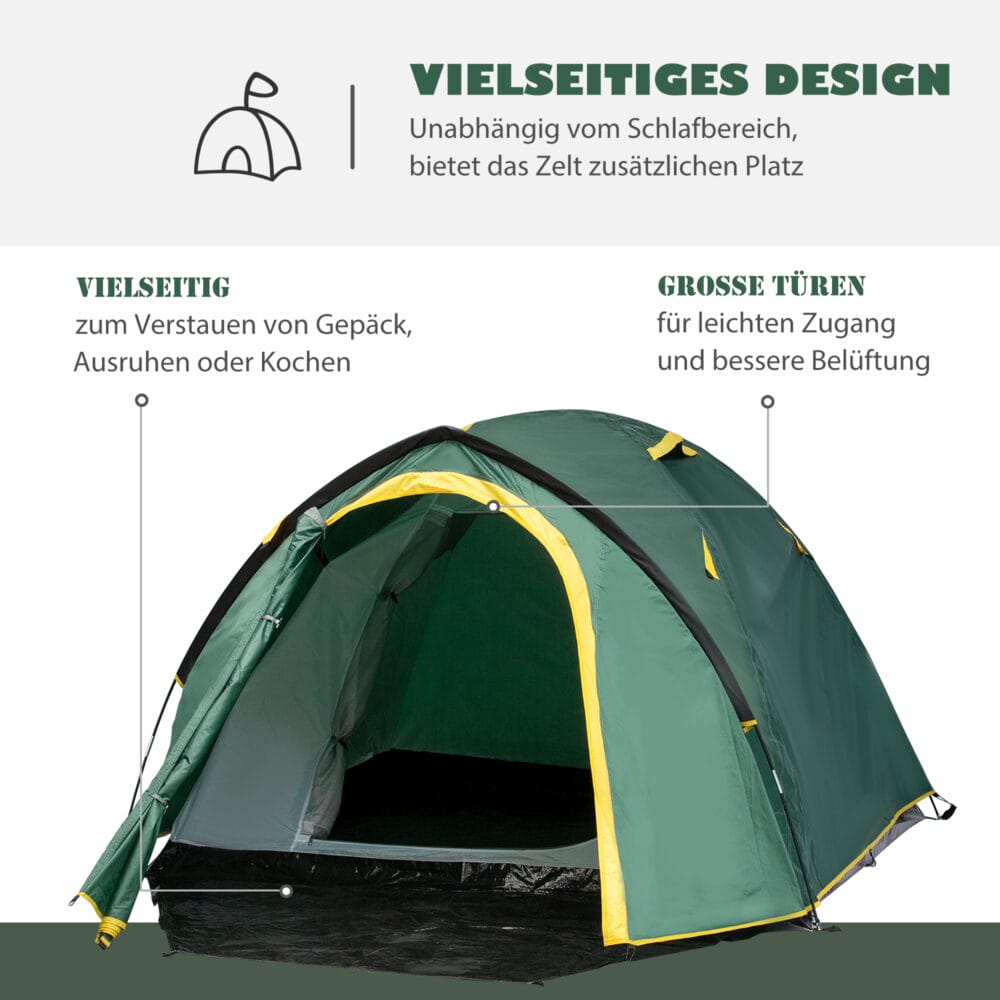 Kuppelzelt für 2–3 Personen, aus Polyester & Glasfaser, Farbe Grün-Gelb.
