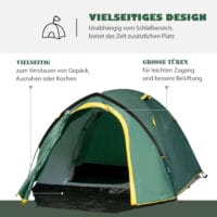 Kuppelzelt für 2–3 Personen, aus Polyester & Glasfaser, Farbe Grün-Gelb.