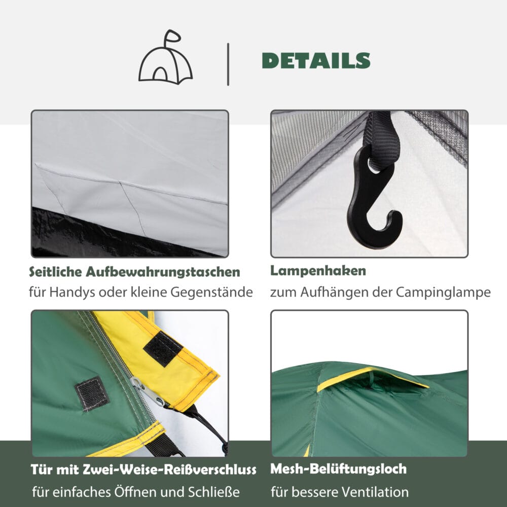 Kuppelzelt für 2–3 Personen, aus Polyester & Glasfaser, Farbe Grün-Gelb.