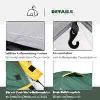 Kuppelzelt für 2–3 Personen, aus Polyester & Glasfaser, Farbe Grün-Gelb.