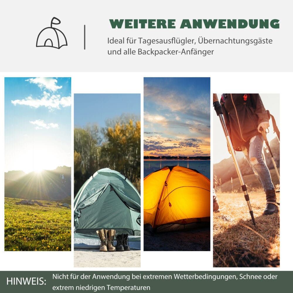 Kuppelzelt für 2–3 Personen, aus Polyester & Glasfaser, Farbe Grün-Gelb.