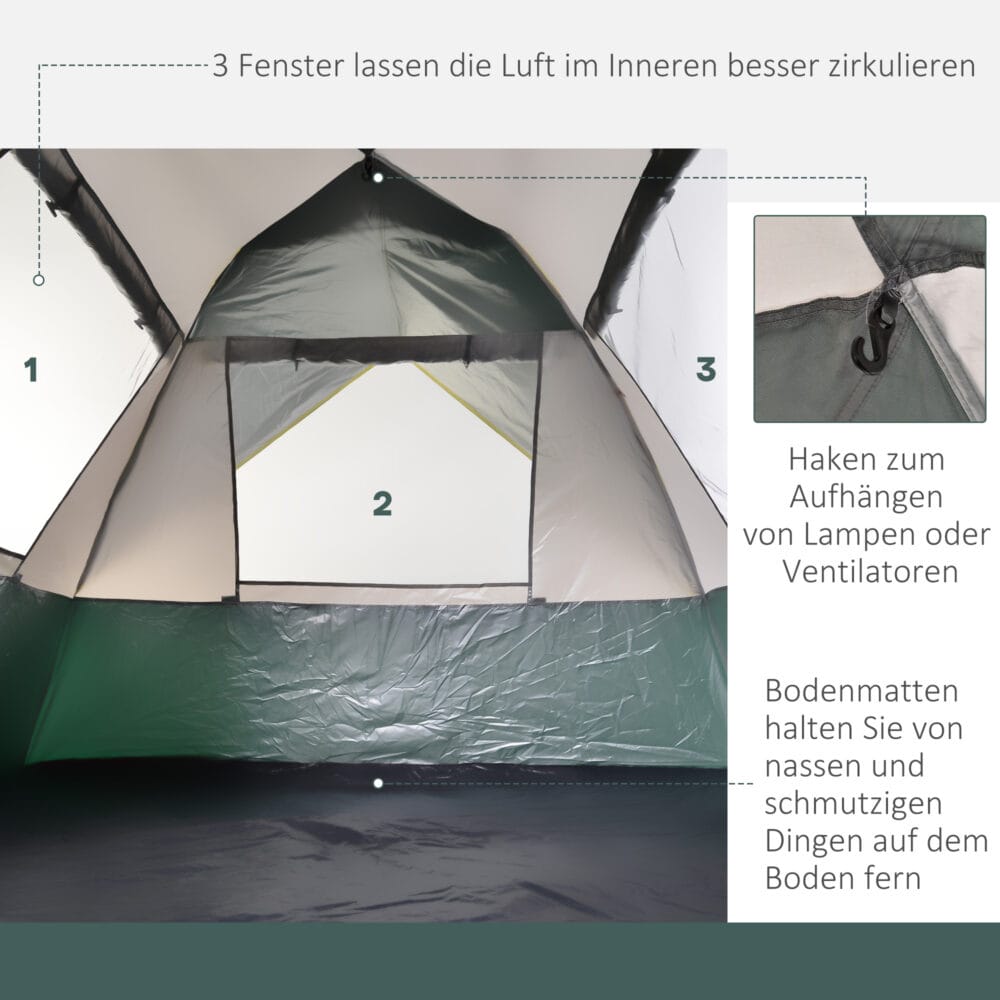 Kuppelzelt für 3 Personen, 205x195x135 cm, aus Polyester, Farbe Grün.