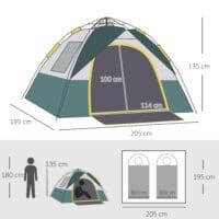 Kuppelzelt für 3 Personen, 205x195x135 cm, aus Polyester, Farbe Grün.