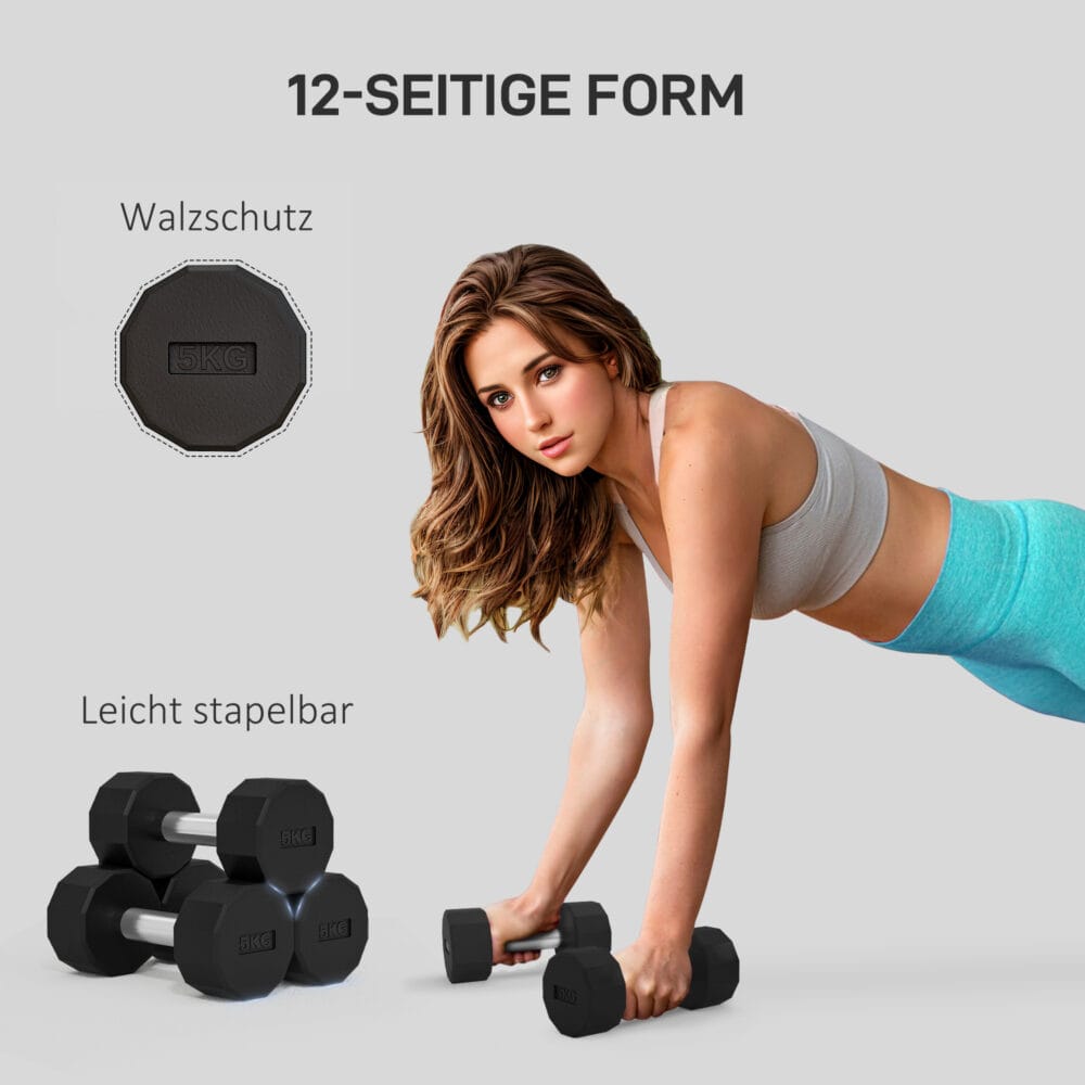 Rutschfestes Kurzhantel-Set 10kg aus Metall in Schwarz.