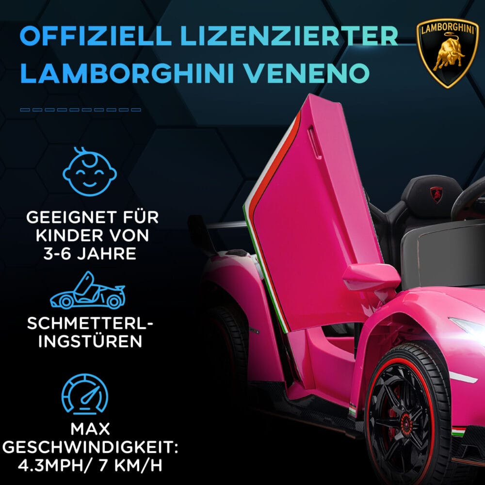 Pinkes Kinderauto im lizenzierten Lamborghini-Design, mit abnehmbarem Akku und Bluetooth-Funktion. Ein Traumwagen für Kinder von 3-6 Jahren.
