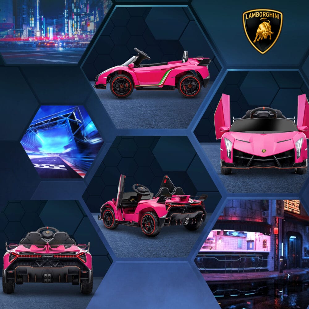 Pinkes Kinderauto im lizenzierten Lamborghini-Design, mit abnehmbarem Akku und Bluetooth-Funktion. Ein Traumwagen für Kinder von 3-6 Jahren.