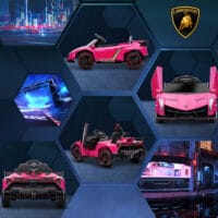 Pinkes Kinderauto im lizenzierten Lamborghini-Design, mit abnehmbarem Akku und Bluetooth-Funktion. Ein Traumwagen für Kinder von 3-6 Jahren.