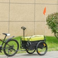 Gelber 2-in-1 Lastenanhänger mit 40kg Traglast und Bremse, ideal für Fahrradtouren und Transportaufgaben.