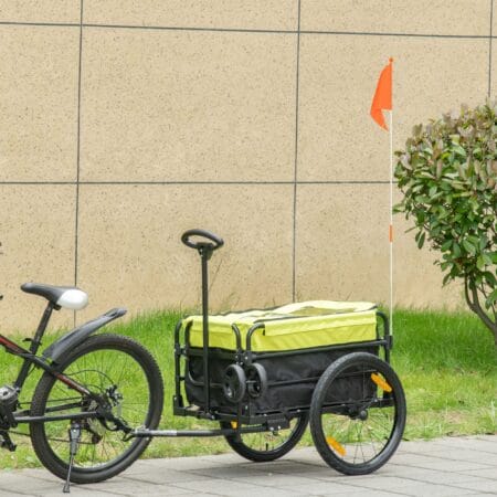 Gelber 2-in-1 Lastenanhänger mit 40kg Traglast und Bremse, ideal für Fahrradtouren und Transportaufgaben.