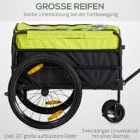 Gelber 2-in-1 Lastenanhänger mit 40kg Traglast und Bremse, ideal für Fahrradtouren und Transportaufgaben.