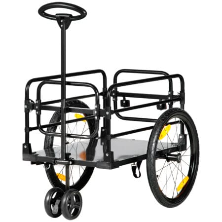 Gelber 2-in-1 Lastenanhänger mit 40kg Traglast und Bremse, ideal für Fahrradtouren und Transportaufgaben.