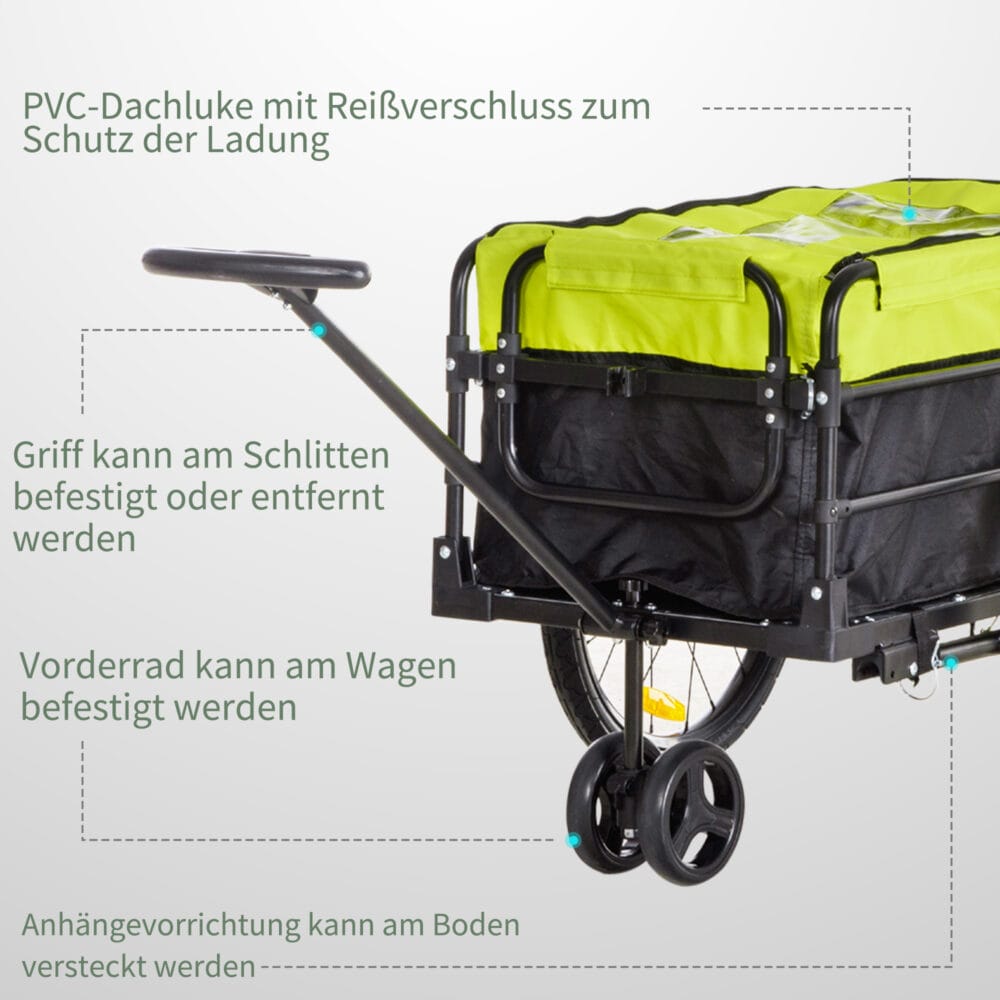 Gelber 2-in-1 Lastenanhänger mit 40kg Traglast und Bremse, ideal für Fahrradtouren und Transportaufgaben.