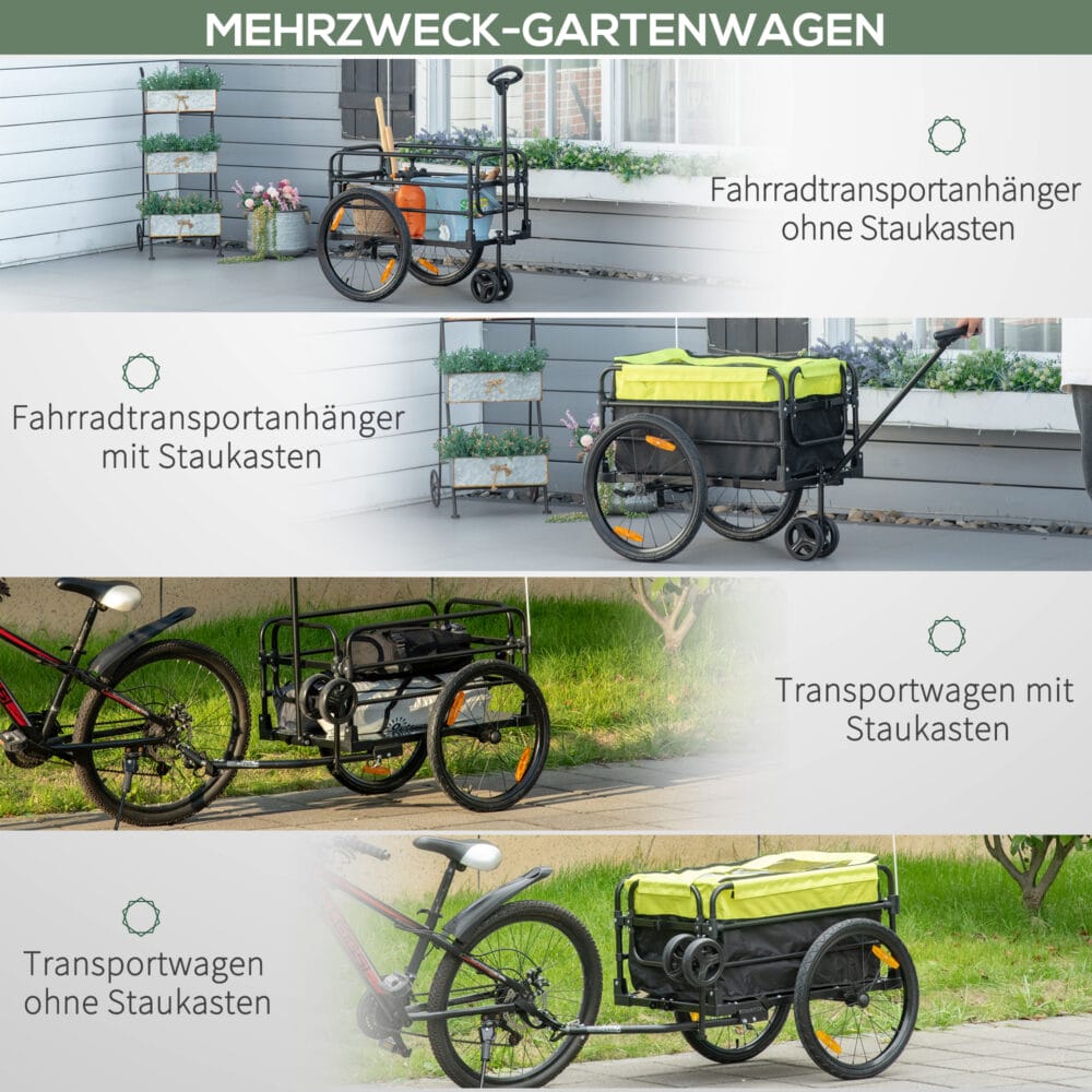 Gelber 2-in-1 Lastenanhänger mit 40kg Traglast und Bremse, ideal für Fahrradtouren und Transportaufgaben.