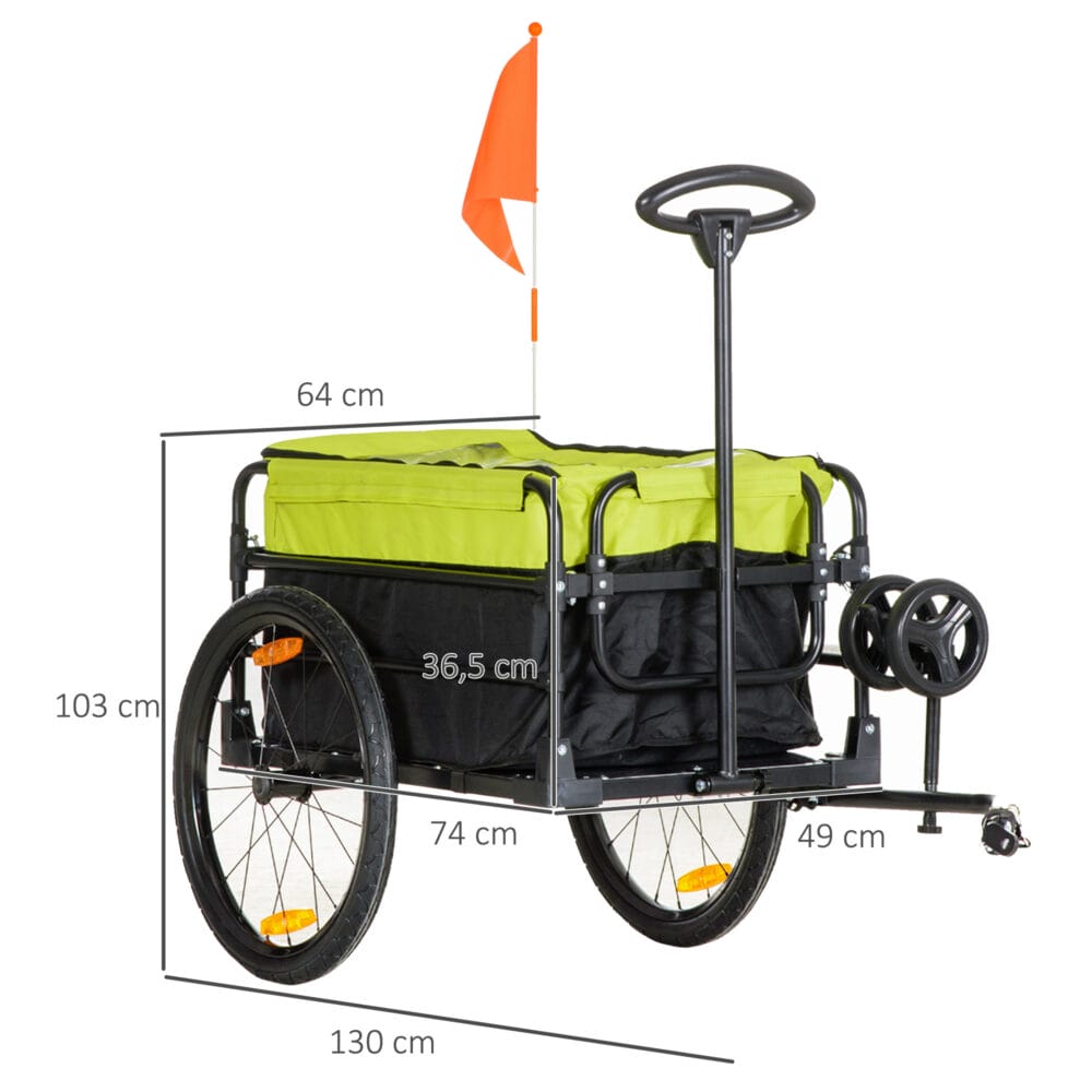 Gelber 2-in-1 Lastenanhänger mit 40kg Traglast und Bremse, ideal für Fahrradtouren und Transportaufgaben.