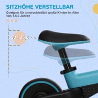 Blaues Laufrad mit höhenverstellbarem Sitz für Kinder von 1,5 bis 3 Jahren, stabil und sicher