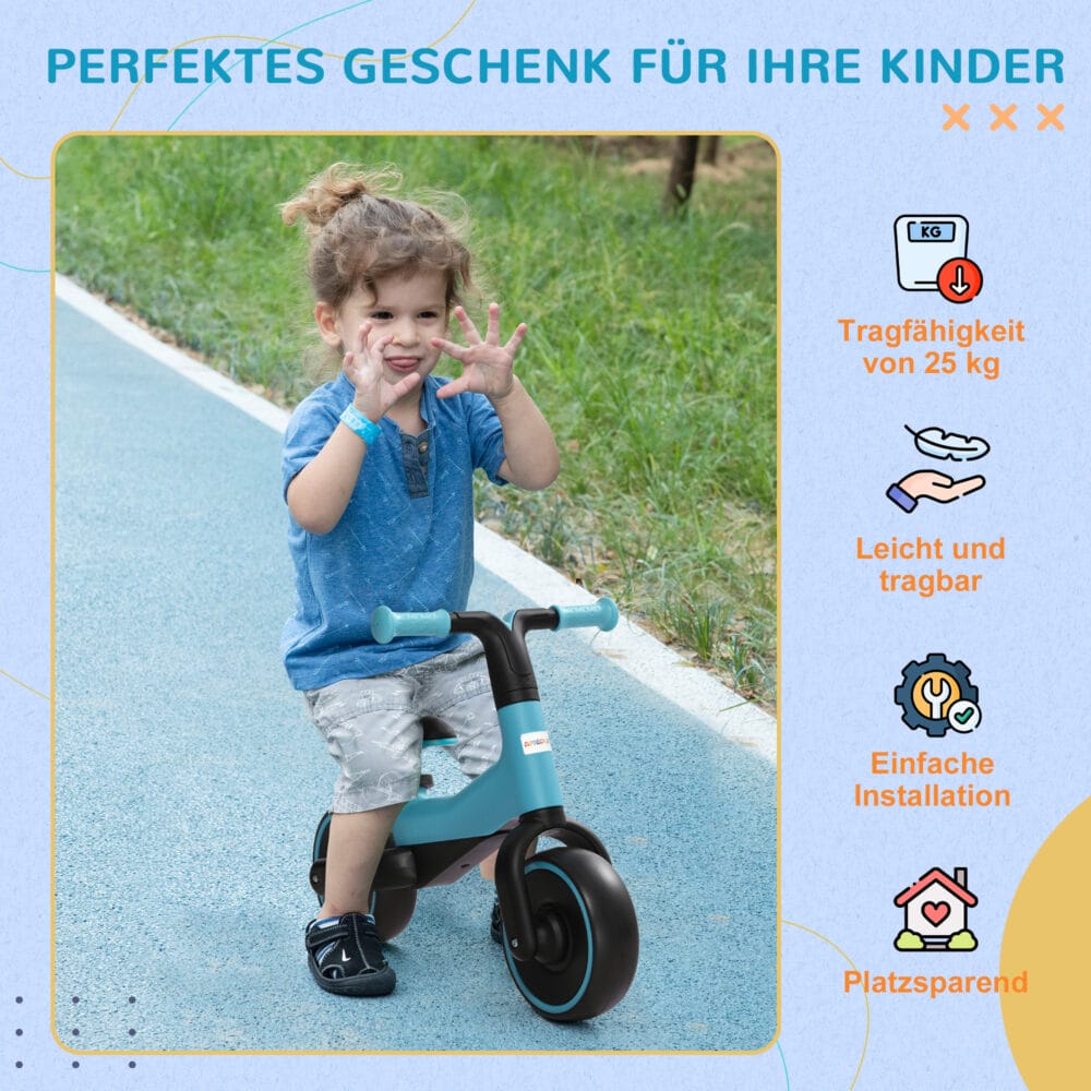 Blaues Laufrad mit höhenverstellbarem Sitz für Kinder von 1,5 bis 3 Jahren, stabil und sicher