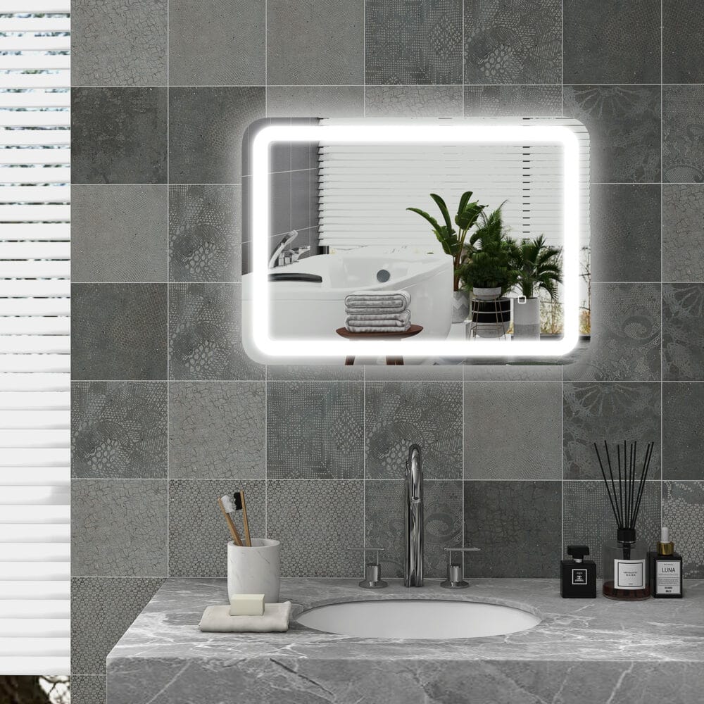Silberner LED Badspiegel 50x70cm mit Touch-Schalter und Anti-Beschlag-Funktion