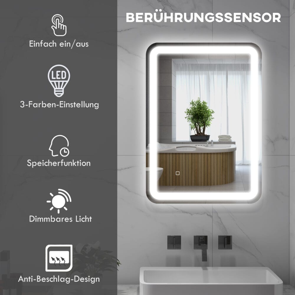 Silberner LED Badspiegel 50x70cm mit Touch-Schalter und Anti-Beschlag-Funktion