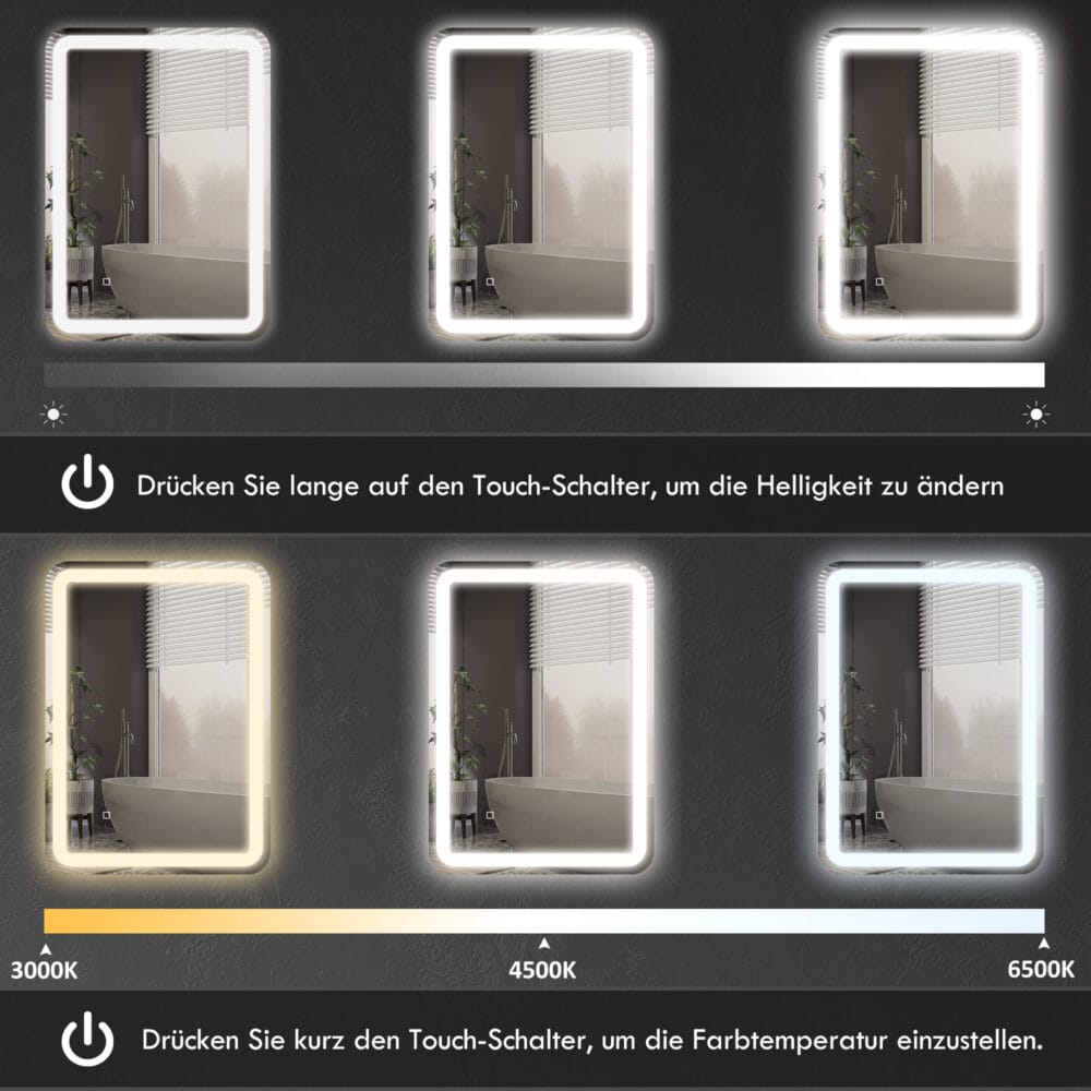Silberner LED Badspiegel 50x70cm mit Touch-Schalter und Anti-Beschlag-Funktion