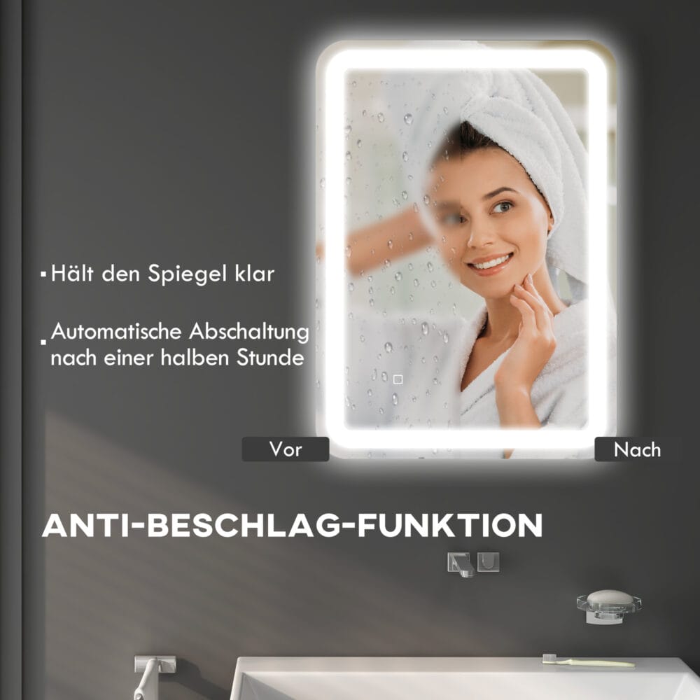 Silberner LED Badspiegel 50x70cm mit Touch-Schalter und Anti-Beschlag-Funktion
