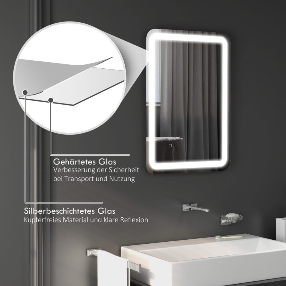 Silberner LED Badspiegel 50x70cm mit Touch-Schalter und Anti-Beschlag-Funktion